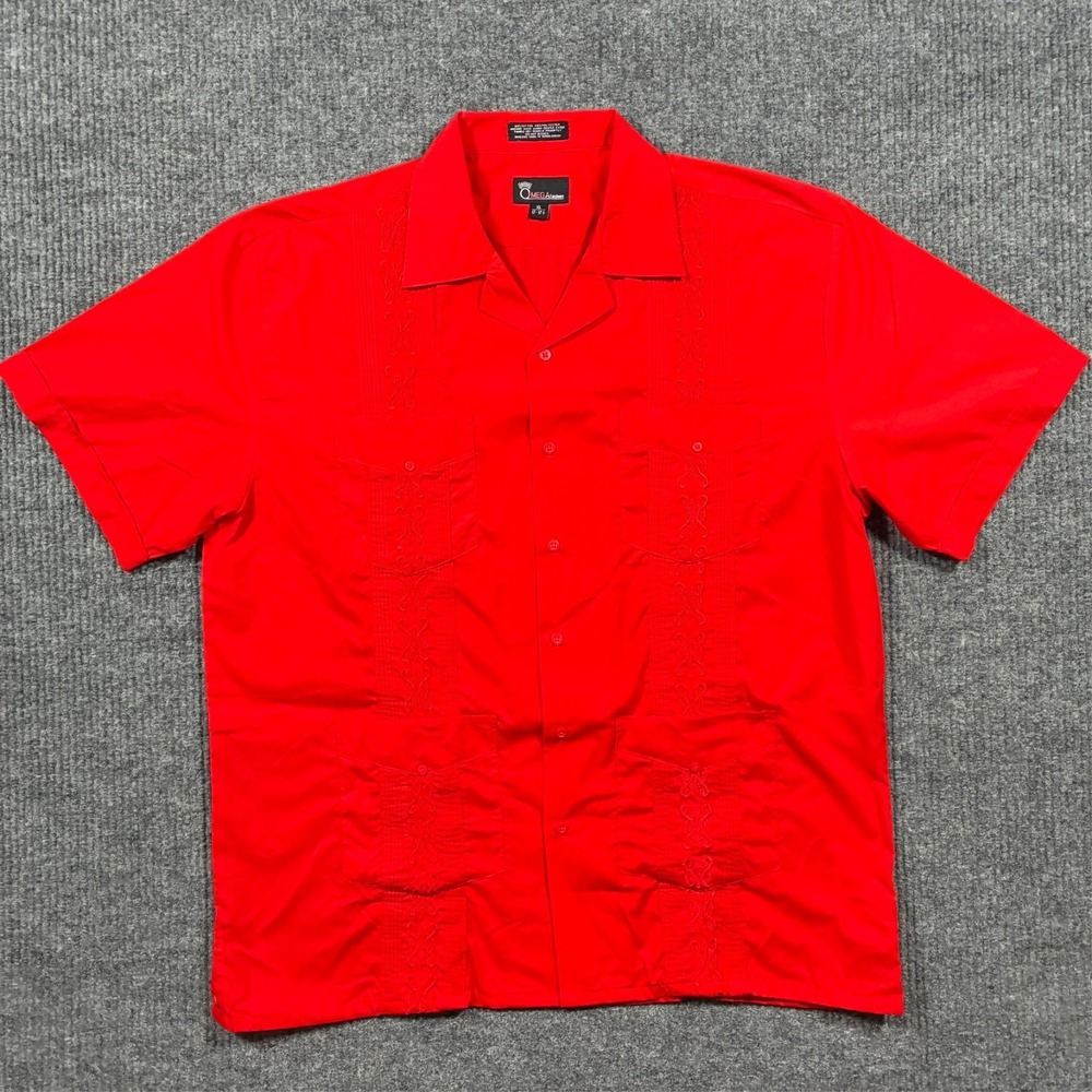 Omega Fashion Mens Button Up Shirt XL 17-17.5 Red Embroidered Panel Short Sleeve